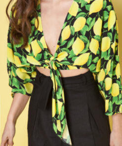 Close-up of Margherita Lemon Dress tie-front detail – Mallory The Label | IGO Project