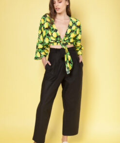 Outdoor editorial shot of Margherita Lemon Dress with lemon print – Mallory The Label