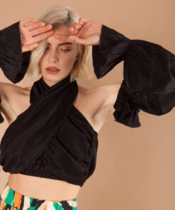 Close-up front view of Namibia Black Crop Top – Mallory The Label at IGO Project