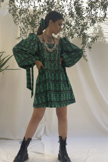 Diakosmos printed mini dress by Melitta with puff sleeves and ornamental pattern