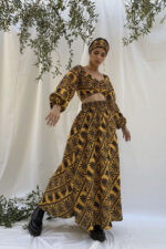 Akrokeramon printed crop top by Melitta with balloon sleeves and tie front detail