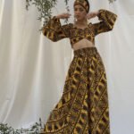Akrokeramon printed crop top by Melitta with balloon sleeves and tie front detail