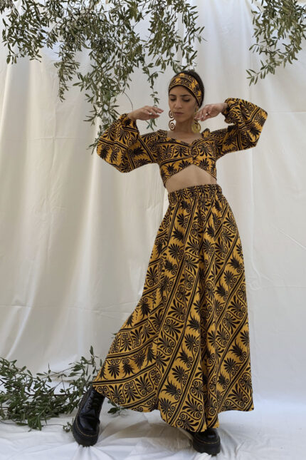 Akrokeramon printed crop top by Melitta with balloon sleeves and tie front detail