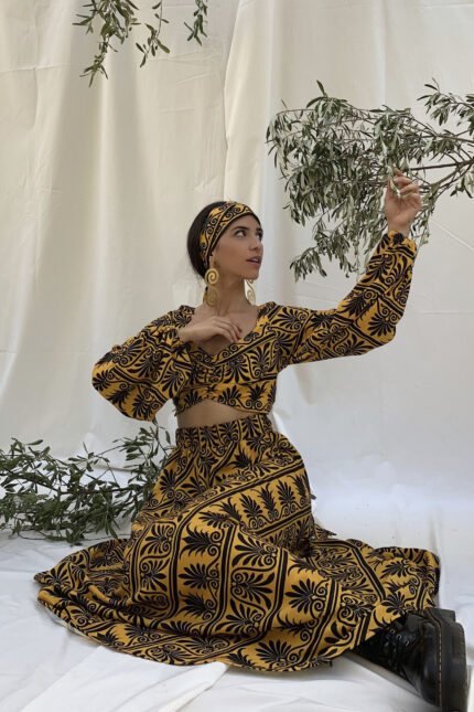 Akrokeramon printed crop top by Melitta with balloon sleeves and tie front detail