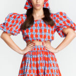 SKYPHOS printed crop top by Melitta in Amforeas Red with puff sleeves and ornamental pattern