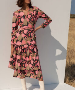 pink floral dress by mallory with asymmetrical hem and waist tie