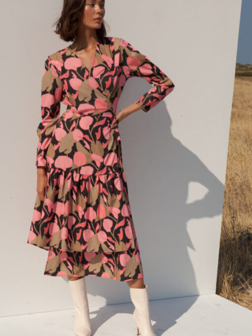 pink floral dress by mallory with asymmetrical hem and waist tie