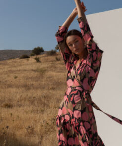 mallory floral wrap dress in pink print with v-neck and long sleeves
