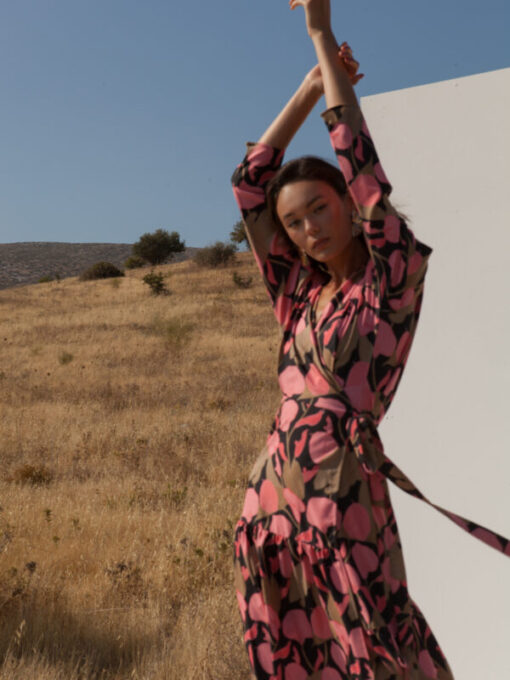 mallory floral wrap dress in pink print with v-neck and long sleeves