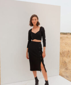 Model wearing Lila Black Top by Mallory The Label – IGO Project front view