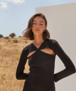 mallory black cut out midi dress with long sleeves and slit
