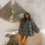 Vlacha printed top by Melitta in black vase ornamental print worn as top and mini dress