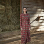 Helios printed midi dress by Melitta in Hermes Bordeaux ornamental print