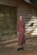 Helios printed midi dress by Melitta in Hermes Bordeaux ornamental print