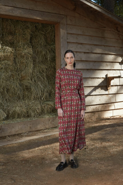 Helios printed midi dress by Melitta in Hermes Bordeaux ornamental print