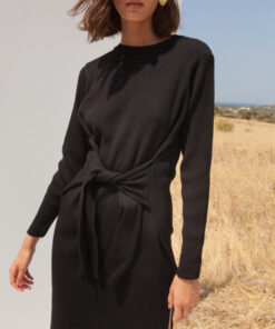 Lena Black Dress by Mallory – ribbed knit black midi dress with waist tie | IGO Project