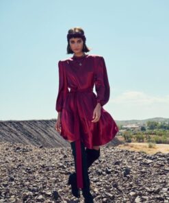 Burgundy satin Duchess Party Dress by Atheras Clothing walking pose