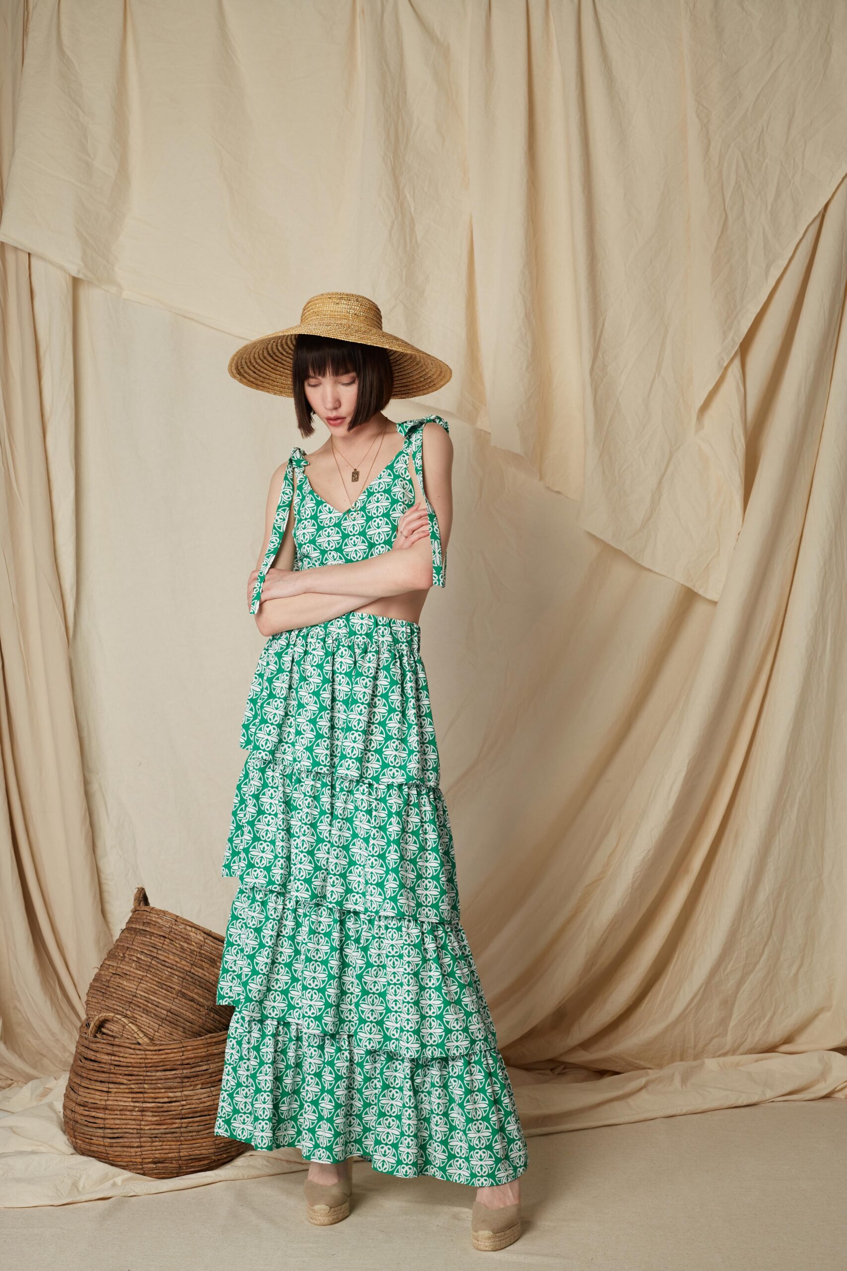 Linaria Skirt Round Green Print styled look by Melitta Woman wearing Linaria Skirt round green print by Melitta styled summer look