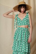 Linaria Crop Top round green print by Melitta styled with matching skirt