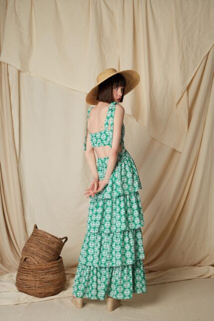 Back view of Linaria Skirt round green print by Melitta tiered maxi skirt