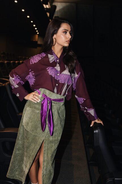 Sunset Soiree khaki corduroy midi skirt detail with front slit