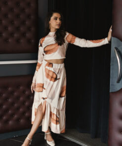 Model wearing Eucalyptus Reverie Ecru Top with printed skirt – Atheras Clothing