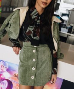 Woman wearing Cinematic Aura Mini Skirt Khaki by Atheras Clothing