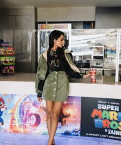 Cinematic Aura Khaki Mini Skirt outfit styled at cinema bar