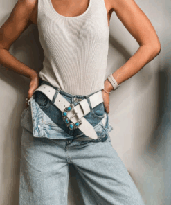 Women’s White Leather Belt with Turquoise Buckle WB691 by Nino Venturi