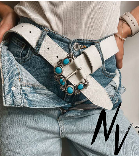 Nino Venturi White Leather Belt WB691 Nino Venturi WB691 Women’s White Leather Belt with Turquoise Buckle