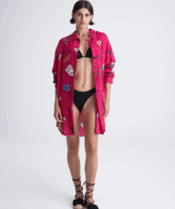 RETROFEELIA loose shirt by Cleo Gatzeli, oversized fuchsia shirt with colorful retro prints – IGO Project